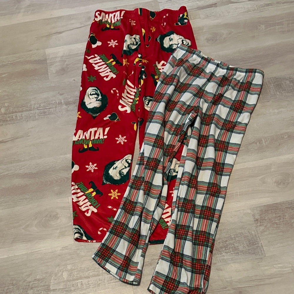 2 Pairs of Holiday Elf and Plaid Pajama Pants medium and large
